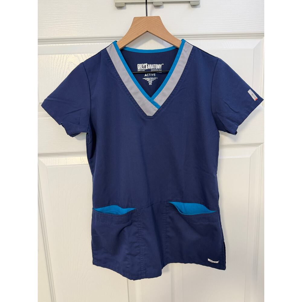 Grey’s Anatomy by Barco Active V-Neck Scrub Top Navy Blue Teal Trim XS
